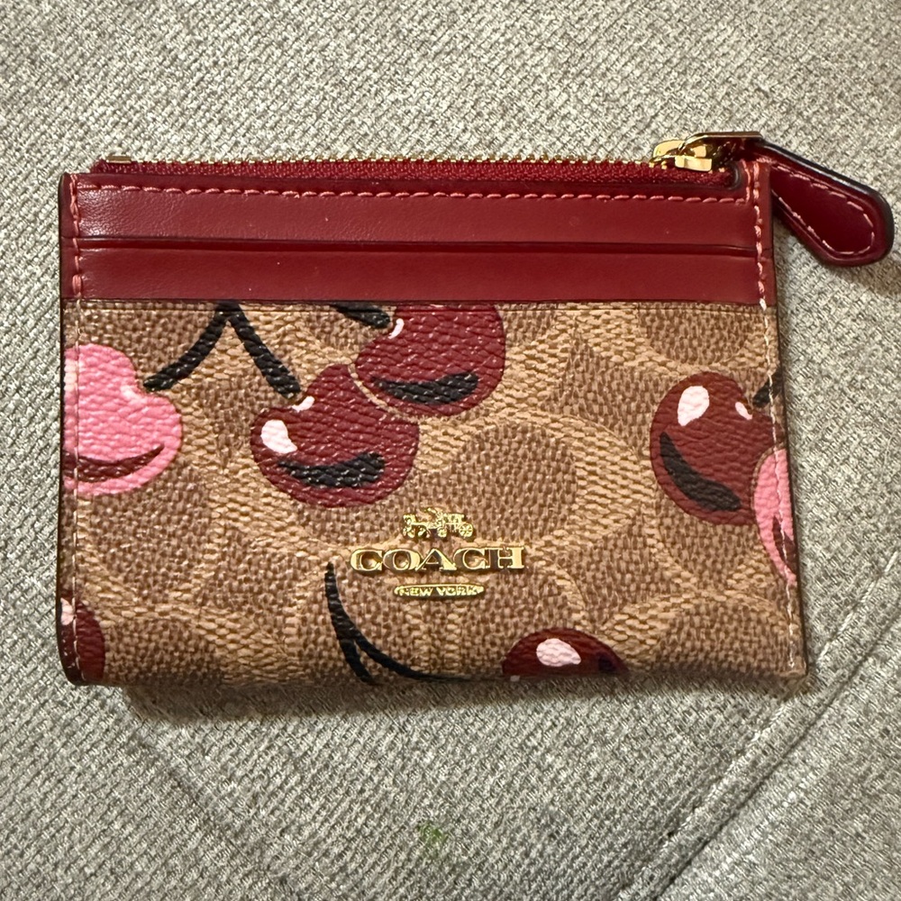 Coach Cherry Pattern Card Holder with Gold Accents